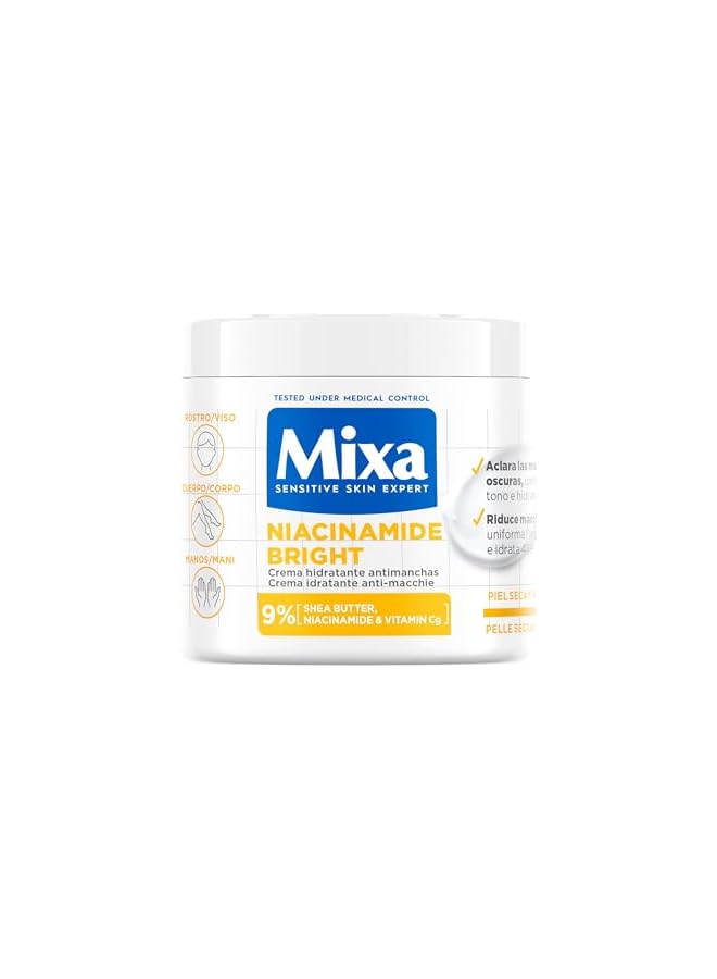 mixa Anti-Stain Moisturising Cream for Dry and Dull Skin, Moisturized Skin for 48H, Bright, Uniform Skin with 9% Niacinamide, Vitamin C and Shea Butter, Niacinamide Bright, 400ml - Image 1