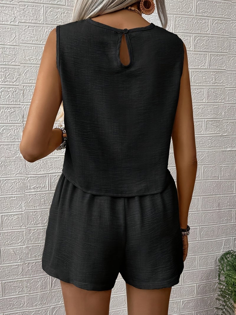 Women's Solid Color Tank Top And Shorts Set Suitable for Vacation/Casual - Image 2