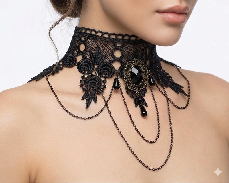 Artifice Lace choker Rhinestone Chain Necklace Elegant Sexy Retro Halloween Christmas Necklace BLACK - Image 1