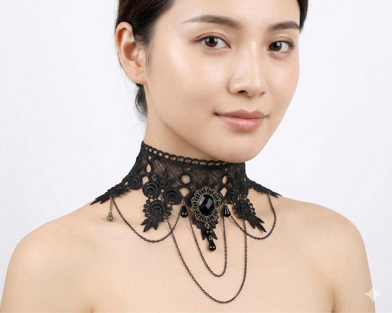 Artifice Lace choker Rhinestone Chain Necklace Elegant Sexy Retro Halloween Christmas Necklace BLACK - Image 2