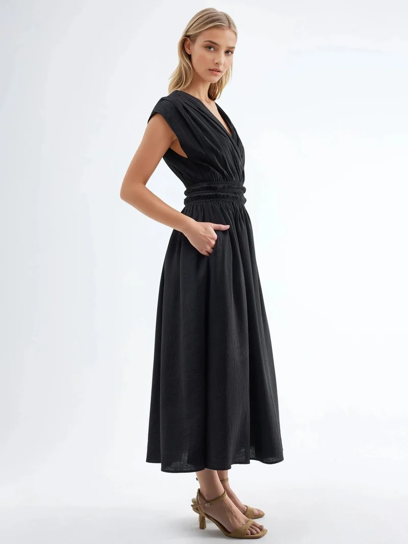 بوسيم BUSEM Textured V-Neck Midi Dress