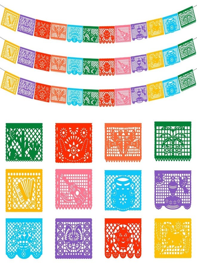DUNCHATY 3 Packs Mexican Banners, 66 Ft(22ft x 3) Papel Picado Banner, Large Plastic Mexican Fiesta Banners Cinco de Mayo Party Fiesta Decorations Mexican Themed Birthday Party Supplies 12 Patterns with String - Image 1