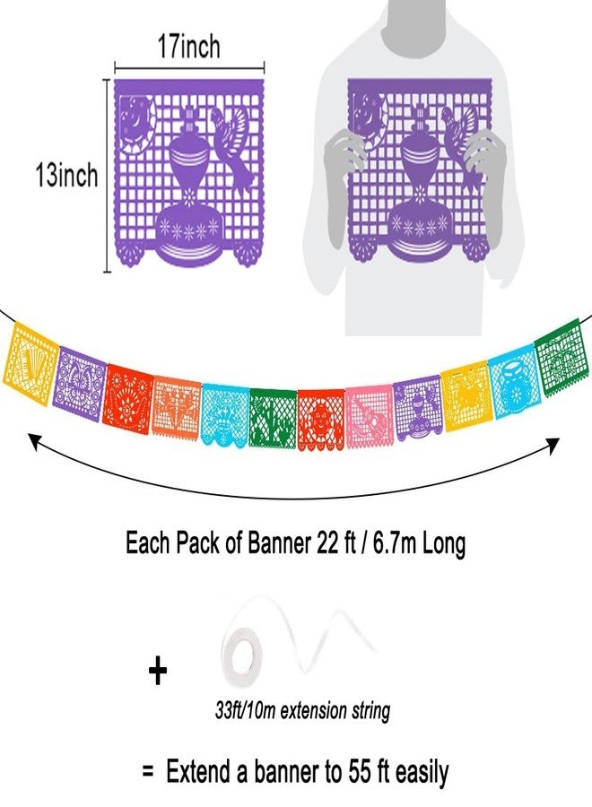 DUNCHATY 3 Packs Mexican Banners, 66 Ft(22ft x 3) Papel Picado Banner, Large Plastic Mexican Fiesta Banners Cinco de Mayo Party Fiesta Decorations Mexican Themed Birthday Party Supplies 12 Patterns with String - Image 3