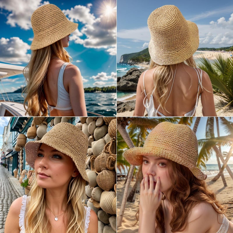 Kumrabal Womens Straw Beach Sun Hats, Foldable Packable Floppy Handmade Crochet Hats for Women,Summer Vacation Bucket Hat, Khaki - Image 3