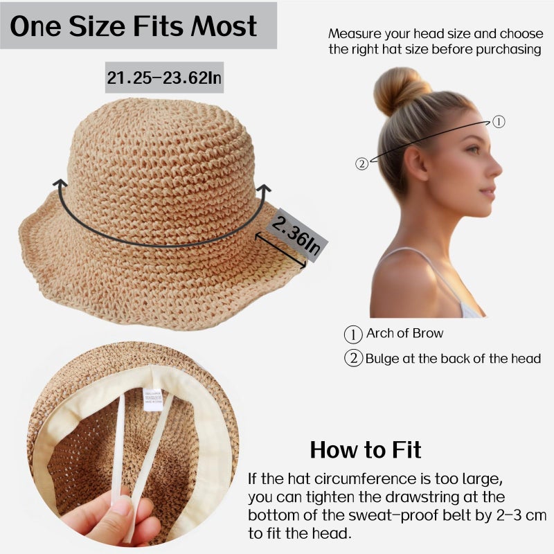 Kumrabal Womens Straw Beach Sun Hats, Foldable Packable Floppy Handmade Crochet Hats for Women,Summer Vacation Bucket Hat, Khaki - Image 2