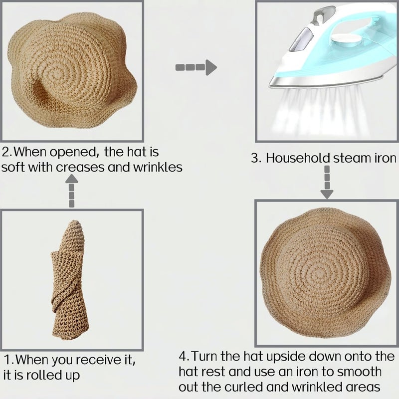 Kumrabal Womens Straw Beach Sun Hats, Foldable Packable Floppy Handmade Crochet Hats for Women,Summer Vacation Bucket Hat, Khaki - Image 4