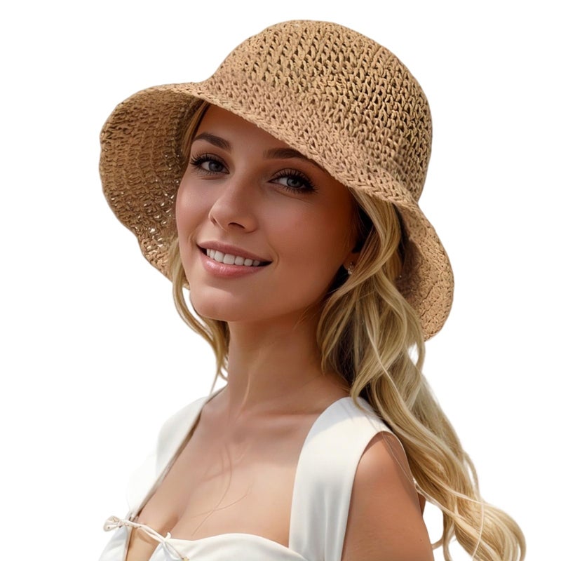 Kumrabal Womens Straw Beach Sun Hats, Foldable Packable Floppy Handmade Crochet Hats for Women,Summer Vacation Bucket Hat, Khaki - Image 1