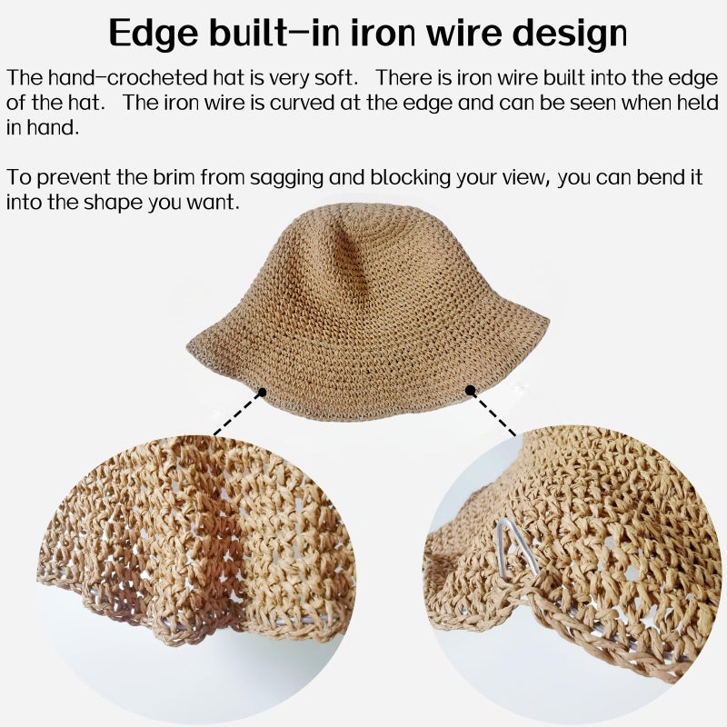Kumrabal Womens Straw Beach Sun Hats, Foldable Packable Floppy Handmade Crochet Hats for Women,Summer Vacation Bucket Hat, Khaki - Image 5