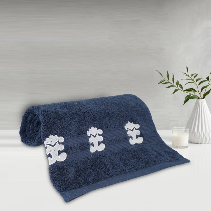 LUSH & BEYOND Navy Blue Cotton 500 GSM Embroidered Bath Towel - Image 1