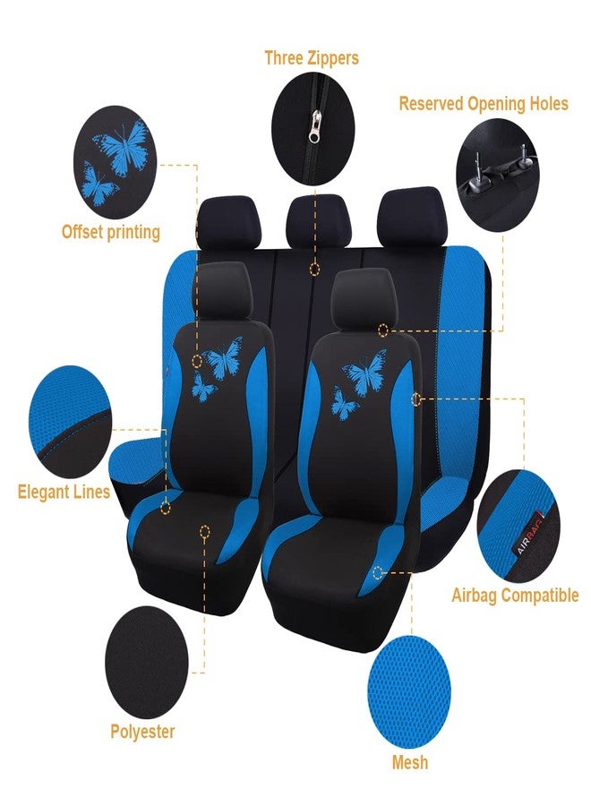 Flying Banner Butterfly car seat Covers ful Set Fashion Universal Lady Woman Female Rear Bench Split Colorized (Full Set, Blue) - Image 2