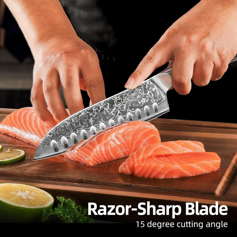 Sunnecko Santoku Knife 7 inch, Damascus Chef Knife VG-10 Steel Blade Japanese Knife, Sharp Kitchen Knife with Solid Handle Chopping Knife Perfect for Professional Home Use Cutting Knife - Image 2