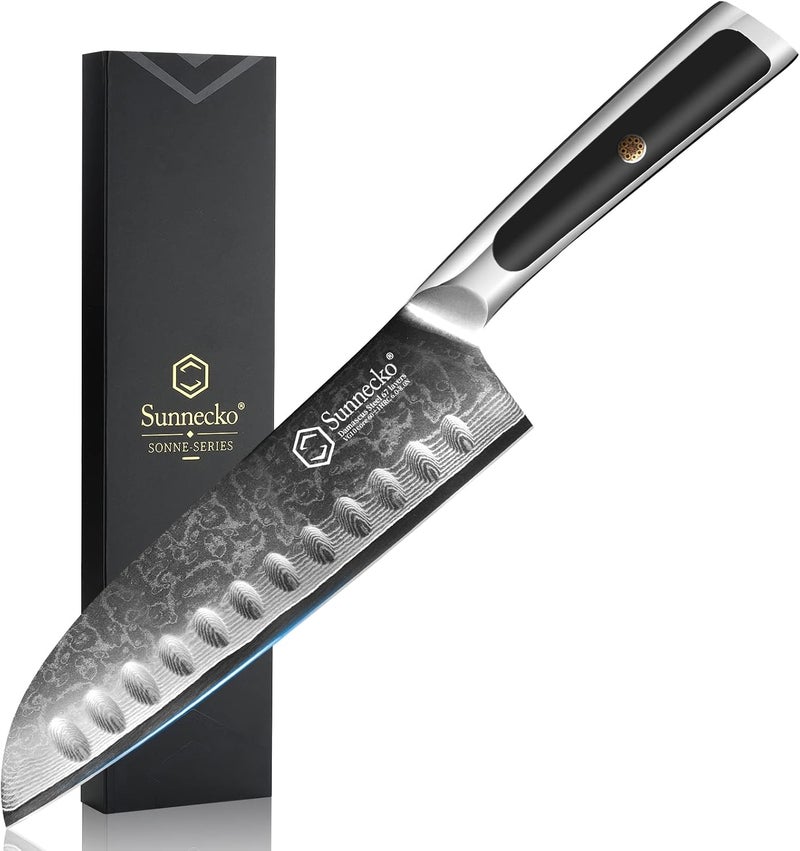 Sunnecko Santoku Knife 7 inch, Damascus Chef Knife VG-10 Steel Blade Japanese Knife, Sharp Kitchen Knife with Solid Handle Chopping Knife Perfect for Professional Home Use Cutting Knife - Image 1