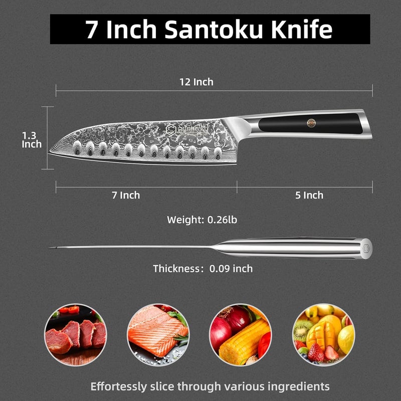 Sunnecko Santoku Knife 7 inch, Damascus Chef Knife VG-10 Steel Blade Japanese Knife, Sharp Kitchen Knife with Solid Handle Chopping Knife Perfect for Professional Home Use Cutting Knife - Image 5