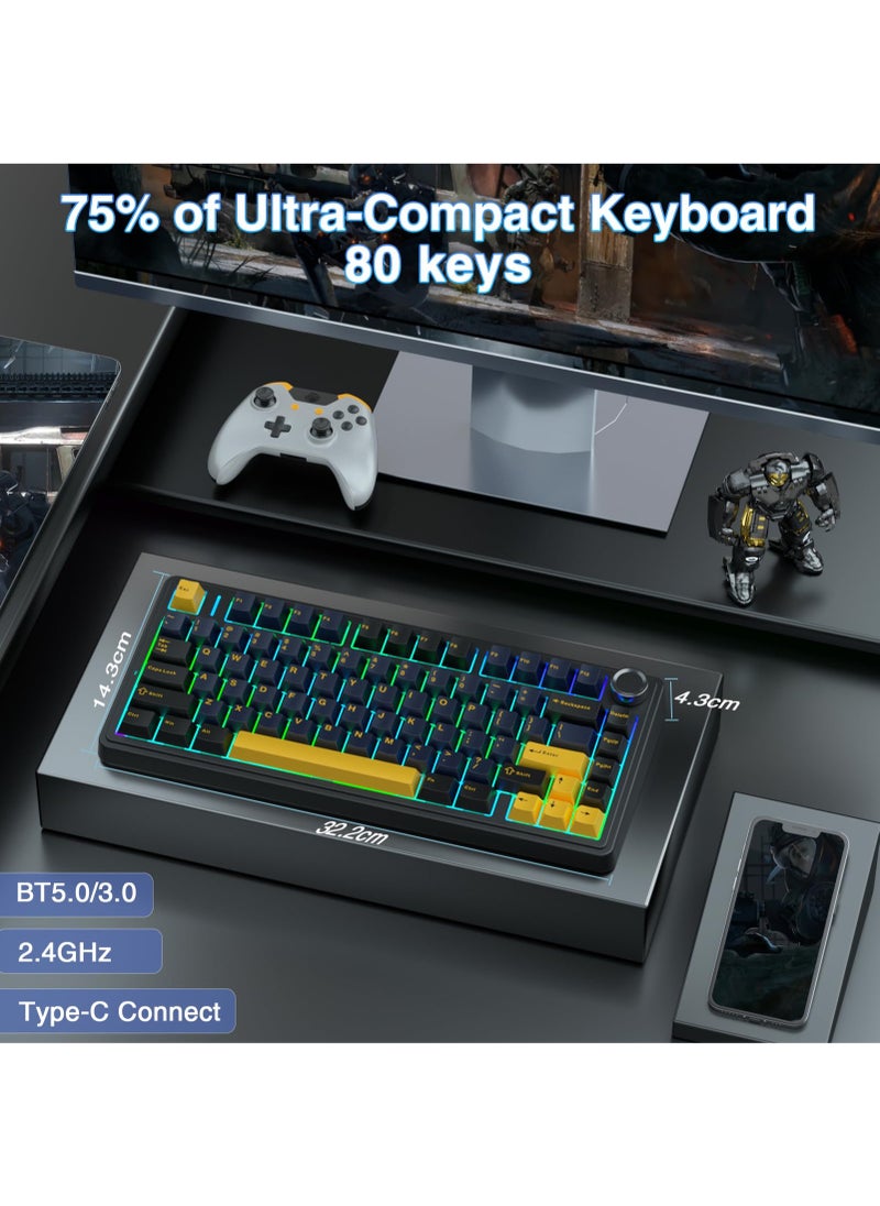 F75 Gasket Mechanical Keyboard, 75% Wireless Hot Swappable Gaming Keyboard with Five-Layer Padding&Knob, Bluetooth/2.4GHz/USB-C, RGB (Black, LEOBOG Reaper Switch)