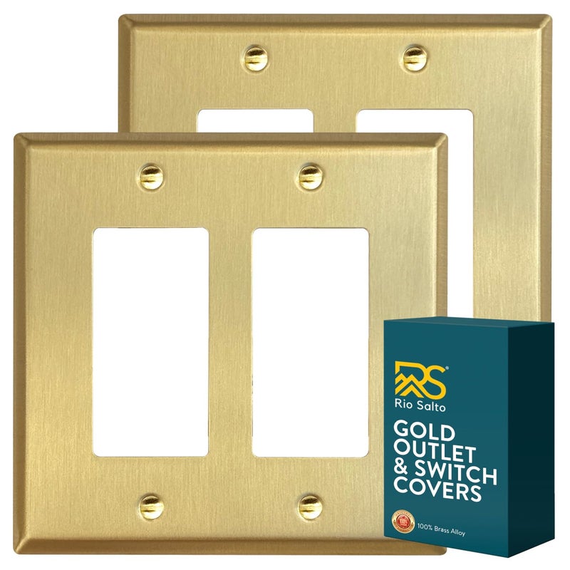 Rio Salto MIDSIZE BRASS Signature Collection Decorative Brushed Brass Gold Metal Outlet Covers Light Switch Cover Plate Premium Wall Plate Covers 2Gang Double Rocker 5 x 494 2Pack - Image 2