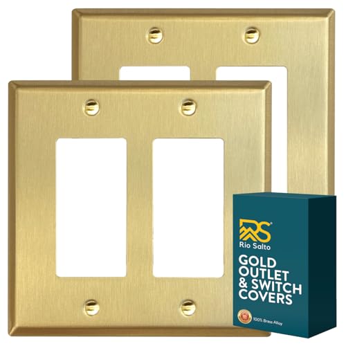 Rio Salto MIDSIZE BRASS Signature Collection Decorative Brushed Brass Gold Metal Outlet Covers Light Switch Cover Plate Premium Wall Plate Covers 2Gang Double Rocker 5 x 494 2Pack - Image 1