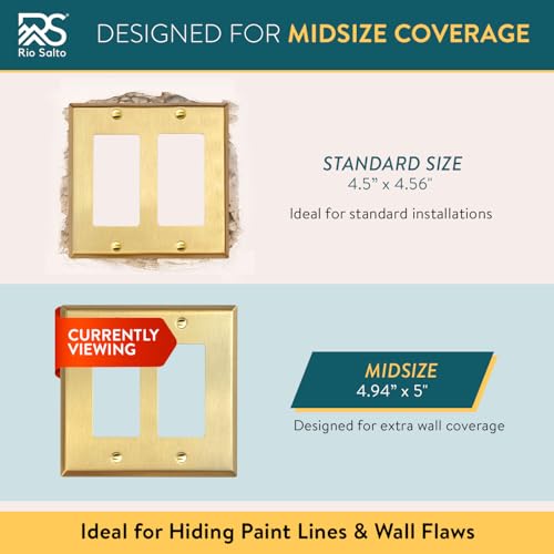 Rio Salto MIDSIZE BRASS Signature Collection Decorative Brushed Brass Gold Metal Outlet Covers Light Switch Cover Plate Premium Wall Plate Covers 2Gang Double Rocker 5 x 494 2Pack - Image 3