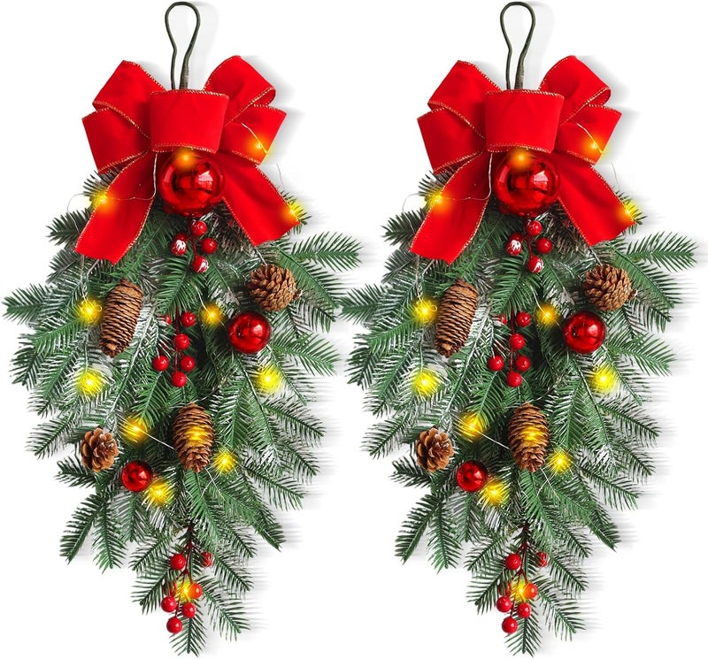 abrick 2 Pack Christmas Teardrop Swags, Christmas Swag Artificial Wreath with Bow, Red Berries and Pine Cones Hanging Garland Greenery for Front Door Indoor Outdoor Wall Window Xmas Decor - Image 1