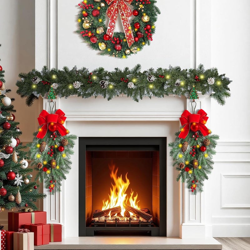 abrick 2 Pack Christmas Teardrop Swags, Christmas Swag Artificial Wreath with Bow, Red Berries and Pine Cones Hanging Garland Greenery for Front Door Indoor Outdoor Wall Window Xmas Decor - Image 5