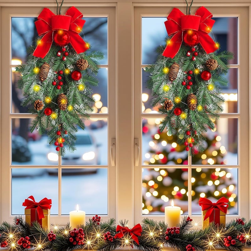 abrick 2 Pack Christmas Teardrop Swags, Christmas Swag Artificial Wreath with Bow, Red Berries and Pine Cones Hanging Garland Greenery for Front Door Indoor Outdoor Wall Window Xmas Decor - Image 4