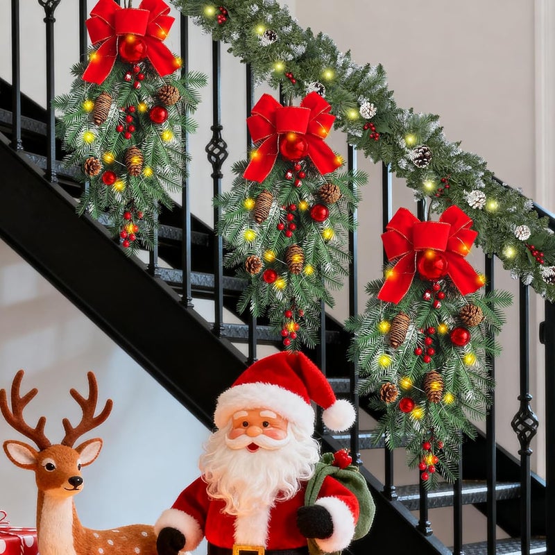 abrick 2 Pack Christmas Teardrop Swags, Christmas Swag Artificial Wreath with Bow, Red Berries and Pine Cones Hanging Garland Greenery for Front Door Indoor Outdoor Wall Window Xmas Decor - Image 2