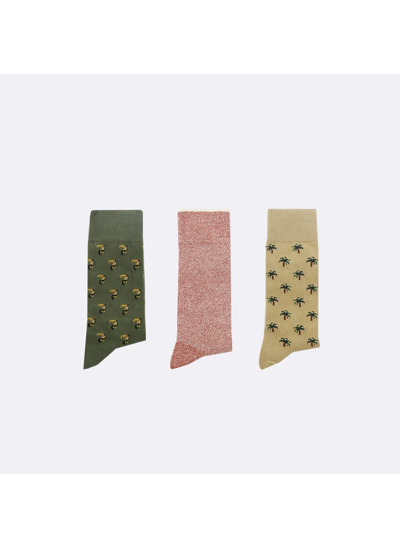 Faguo Set of 3X Socks - Sand and Kaki with Bird and Palm Trees