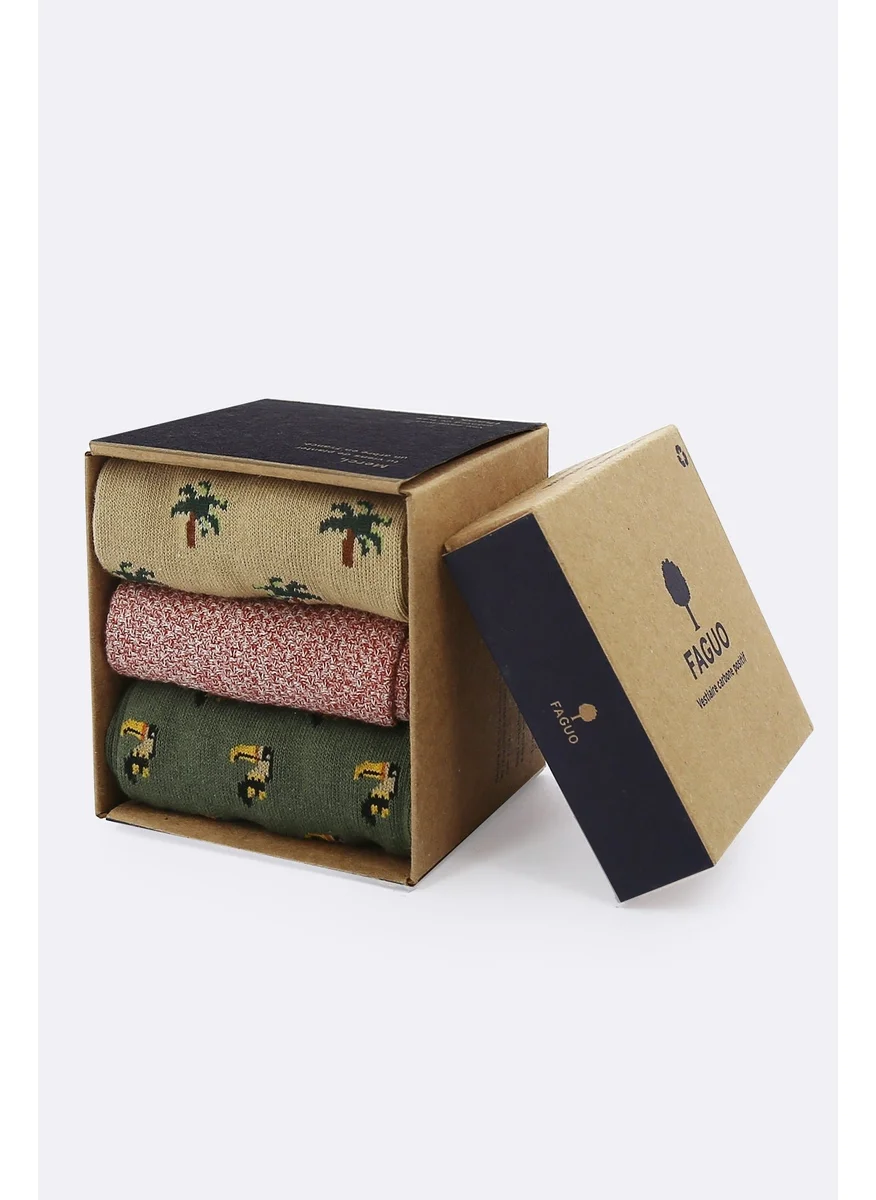 Faguo Set of 3X Socks - Sand and Kaki with Bird and Palm Trees