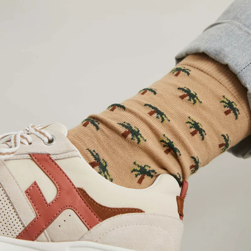 Faguo Set of 3X Socks - Sand and Kaki with Bird and Palm Trees
