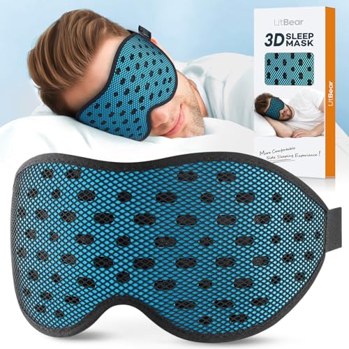 LitBear Breathable Sleep Mask 3D Eye Mak Sleep for Side Sleepers Women Men Light Blocking Sleeping Mask with Adjustable Strap Soft Lightweight Eye Cover for Travel Night Work Nap Office Blue