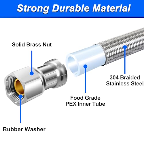 SPUREST 8FT Stainless Steel Braided Water Supply Line for Dishwasher, Brass 3/8 Inch Compression x 3/8 Inch Compression Connections, Food Grade PEX Inner Tube Water Hose - Image 3