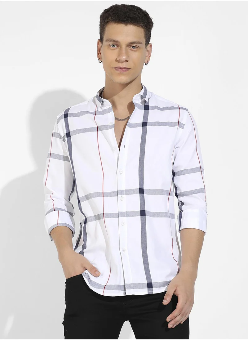 كامبوس سوترا Campus Sutra Men's Tartan Plaid White Button Up Regular Fit Shirt For Casual Wear | Cotton Twill Spread Collar Shirt Crafted With Regular Sleeve & Comfort Fit For Everyday Wear