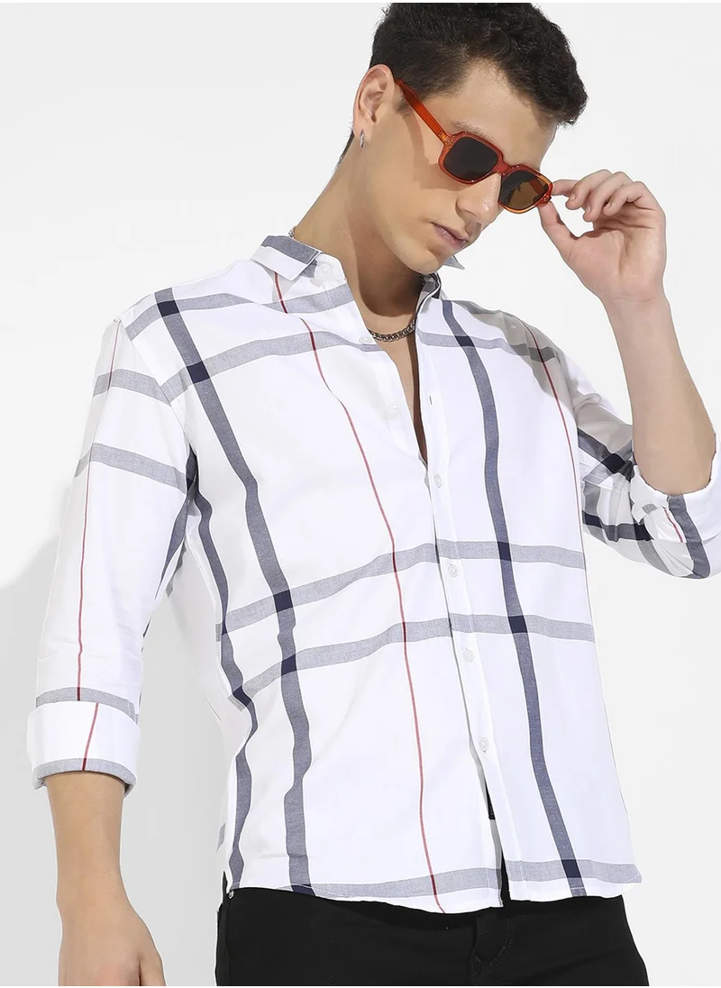 كامبوس سوترا Campus Sutra Men's Tartan Plaid White Button Up Regular Fit Shirt For Casual Wear | Cotton Twill Spread Collar Shirt Crafted With Regular Sleeve & Comfort Fit For Everyday Wear