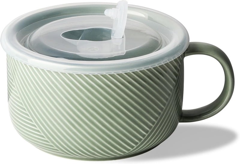 Adewnest Oversized Soup Bowl with Handle: 38 oz Ceramic Soup Mug with Lid - Microwave Safe Jumbo Food Storage Container for Ramen Cereal Breakfast Meal Prep Office Lunch Dorm Living - Pea Green 6 In - Image 1