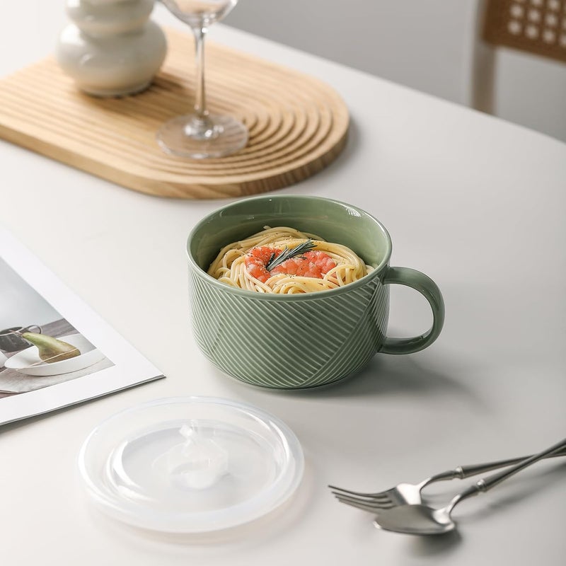 Adewnest Oversized Soup Bowl with Handle: 38 oz Ceramic Soup Mug with Lid - Microwave Safe Jumbo Food Storage Container for Ramen Cereal Breakfast Meal Prep Office Lunch Dorm Living - Pea Green 6 In - Image 4