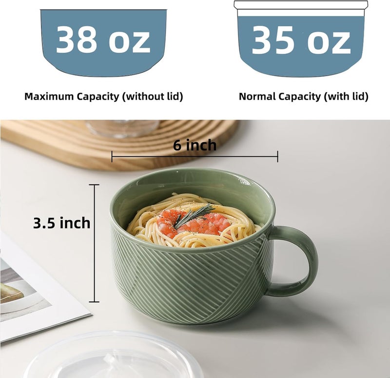 Adewnest Oversized Soup Bowl with Handle: 38 oz Ceramic Soup Mug with Lid - Microwave Safe Jumbo Food Storage Container for Ramen Cereal Breakfast Meal Prep Office Lunch Dorm Living - Pea Green 6 In - Image 2