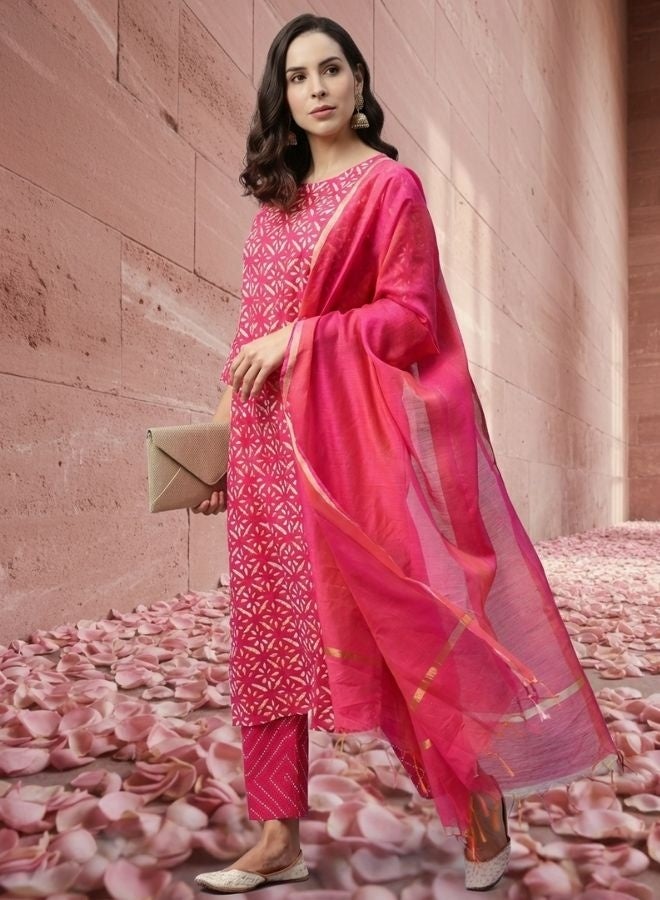 Yuris Women Pink Ethnic Motifs Printed Regular Sequinned Pure Cotton Kurta with Trousers & With Dupatta - Image 3