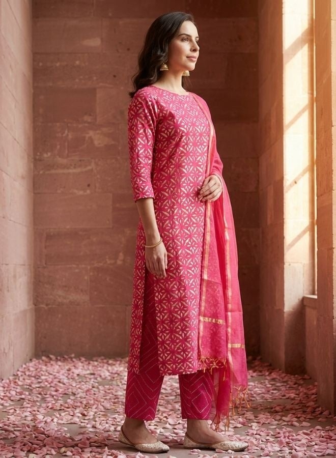 Yuris Women Pink Ethnic Motifs Printed Regular Sequinned Pure Cotton Kurta with Trousers & With Dupatta - Image 4