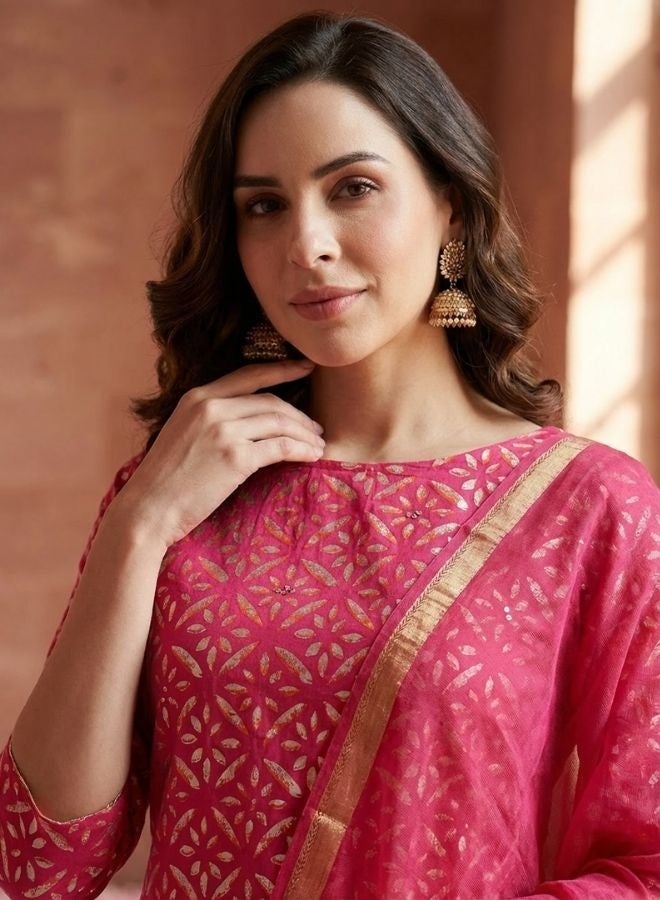 Yuris Women Pink Ethnic Motifs Printed Regular Sequinned Pure Cotton Kurta with Trousers & With Dupatta - Image 2