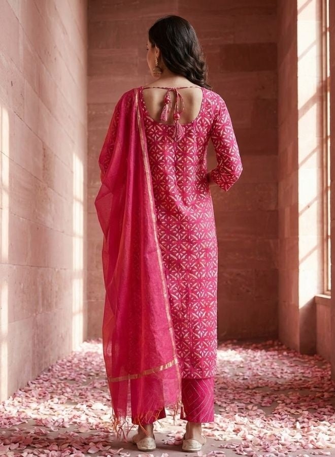 Yuris Women Pink Ethnic Motifs Printed Regular Sequinned Pure Cotton Kurta with Trousers & With Dupatta - Image 5