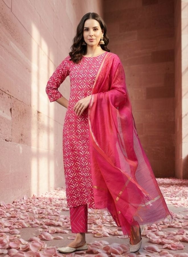 Yuris Women Pink Ethnic Motifs Printed Regular Sequinned Pure Cotton Kurta with Trousers & With Dupatta - Image 1