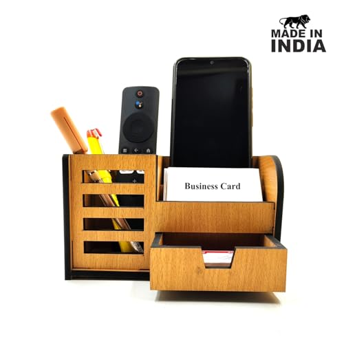 Woodkey Wooden Desk Organizer - Pen Stand with Drawers, Mobile & Card Holder | Multipurpose Office & Study Table Organizer for Pens, Pencils, Stationery & Desk Supplies 3 in 1 (Bavarian Beech) - Image 2