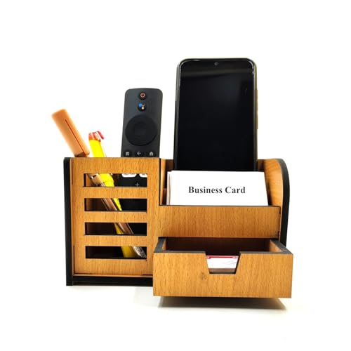 Woodkey Wooden Desk Organizer - Pen Stand with Drawers, Mobile & Card Holder | Multipurpose Office & Study Table Organizer for Pens, Pencils, Stationery & Desk Supplies 3 in 1 (Bavarian Beech) - Image 1