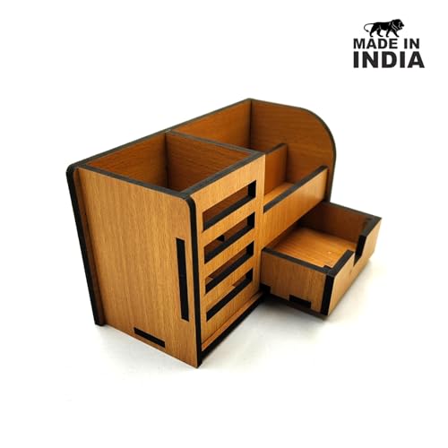 Woodkey Wooden Desk Organizer - Pen Stand with Drawers, Mobile & Card Holder | Multipurpose Office & Study Table Organizer for Pens, Pencils, Stationery & Desk Supplies 3 in 1 (Bavarian Beech) - Image 5