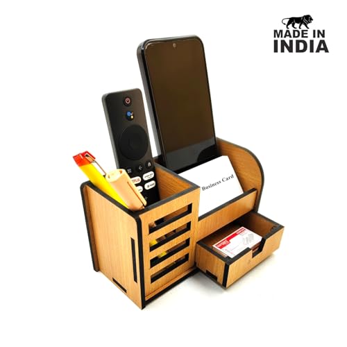 Woodkey Wooden Desk Organizer - Pen Stand with Drawers, Mobile & Card Holder | Multipurpose Office & Study Table Organizer for Pens, Pencils, Stationery & Desk Supplies 3 in 1 (Bavarian Beech) - Image 3