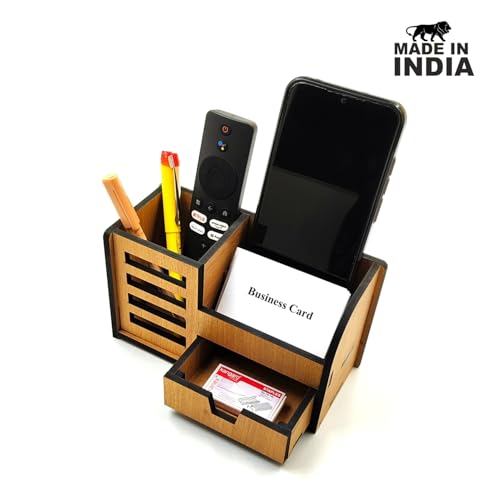 Woodkey Wooden Desk Organizer - Pen Stand with Drawers, Mobile & Card Holder | Multipurpose Office & Study Table Organizer for Pens, Pencils, Stationery & Desk Supplies 3 in 1 (Bavarian Beech) - Image 4