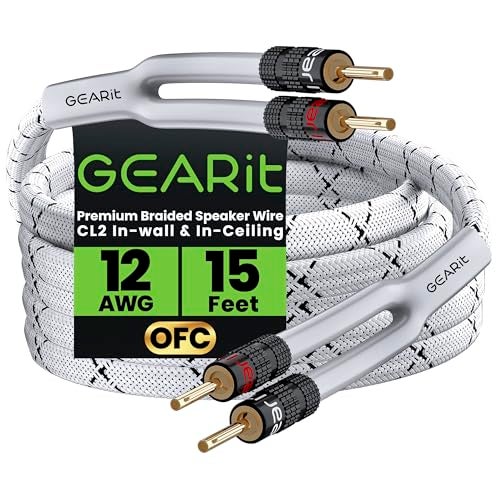 GearIT 12AWG Premium Heavy Duty Braided Speaker Wire Cable (15 Feet) Dual Gold Plated Banana Plug Tips - In-Wall CL2 - Oxygen-Free Copper (OFC) White - Image 1