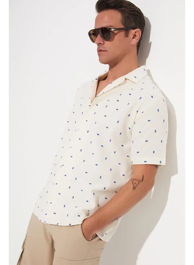 JUNE June Men Short Sleeve Patterned Shirt Ecru - Saxe