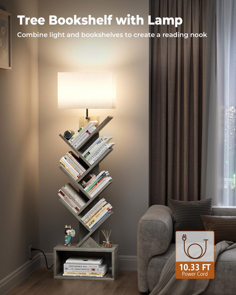 Evermagin 6 Tier Tree Bookshelf with Light, Narrow Bookcase Tower, Tall Floor Standing Book Shelf Organizer with Storage Cabinet for Living Room, Bedroom and Home Office, Gray - Image 2