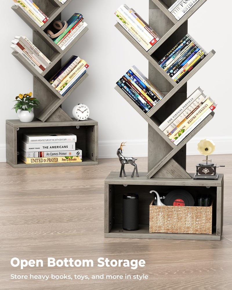 Evermagin 6 Tier Tree Bookshelf with Light, Narrow Bookcase Tower, Tall Floor Standing Book Shelf Organizer with Storage Cabinet for Living Room, Bedroom and Home Office, Gray - Image 4