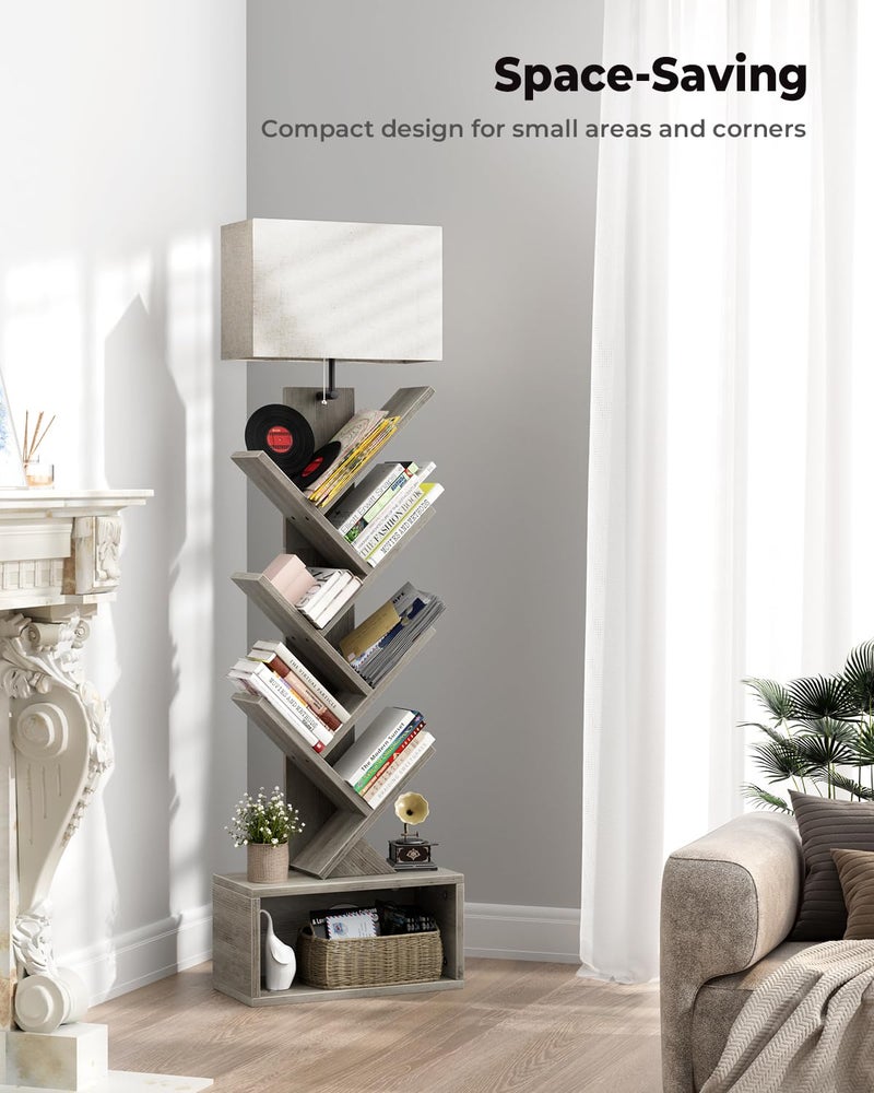 Evermagin 6 Tier Tree Bookshelf with Light, Narrow Bookcase Tower, Tall Floor Standing Book Shelf Organizer with Storage Cabinet for Living Room, Bedroom and Home Office, Gray - Image 5